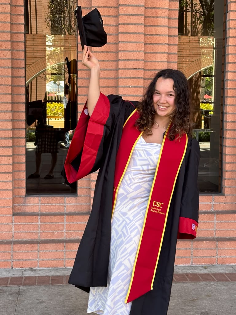 Gabriela Beltrán celebrating graduation day in her USC Thornton gown