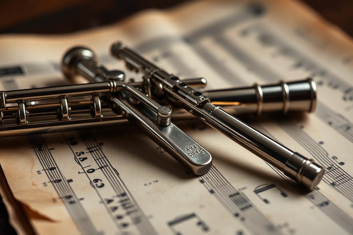 Close-up of silver flute keys resting on aged sheet music